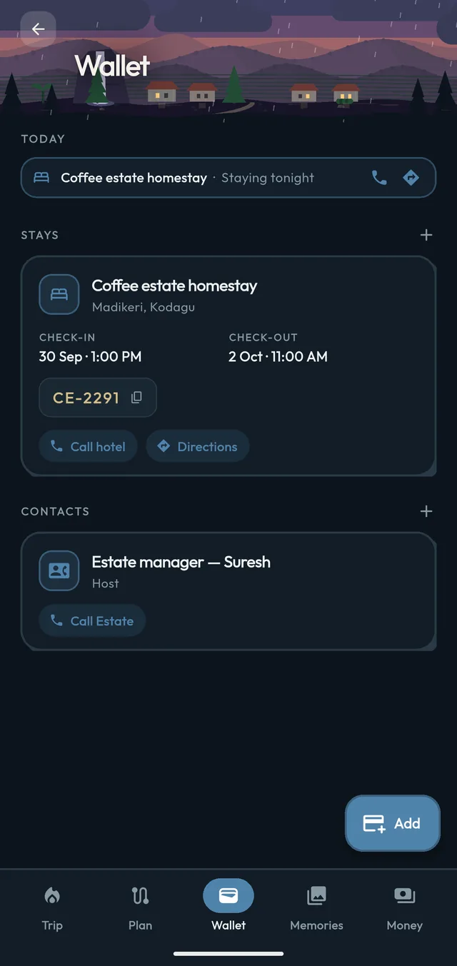 Trip wallet with stays and contacts