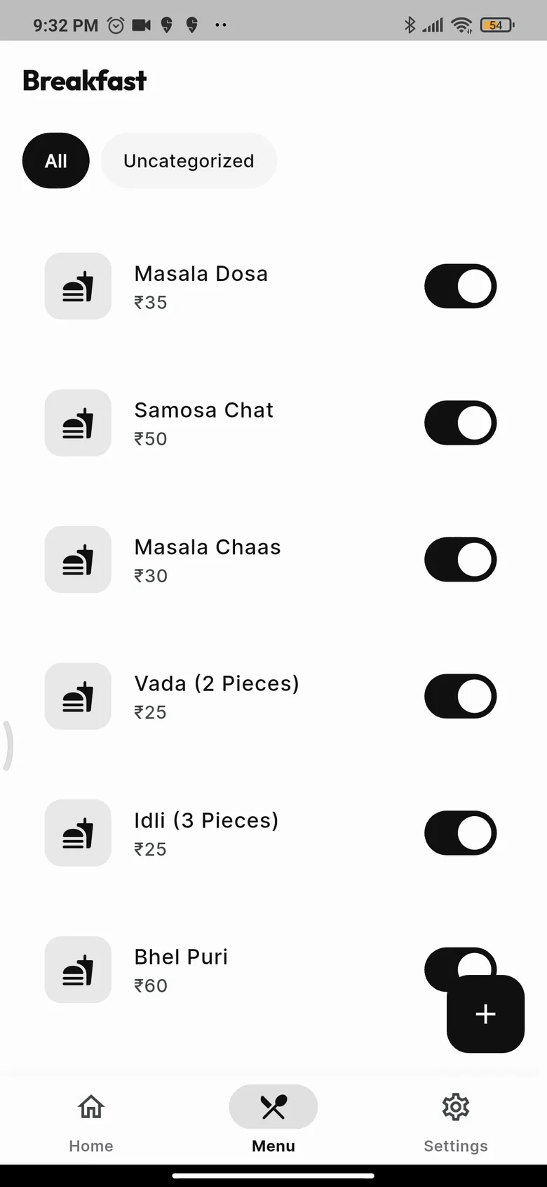 Khao menu items with availability toggles