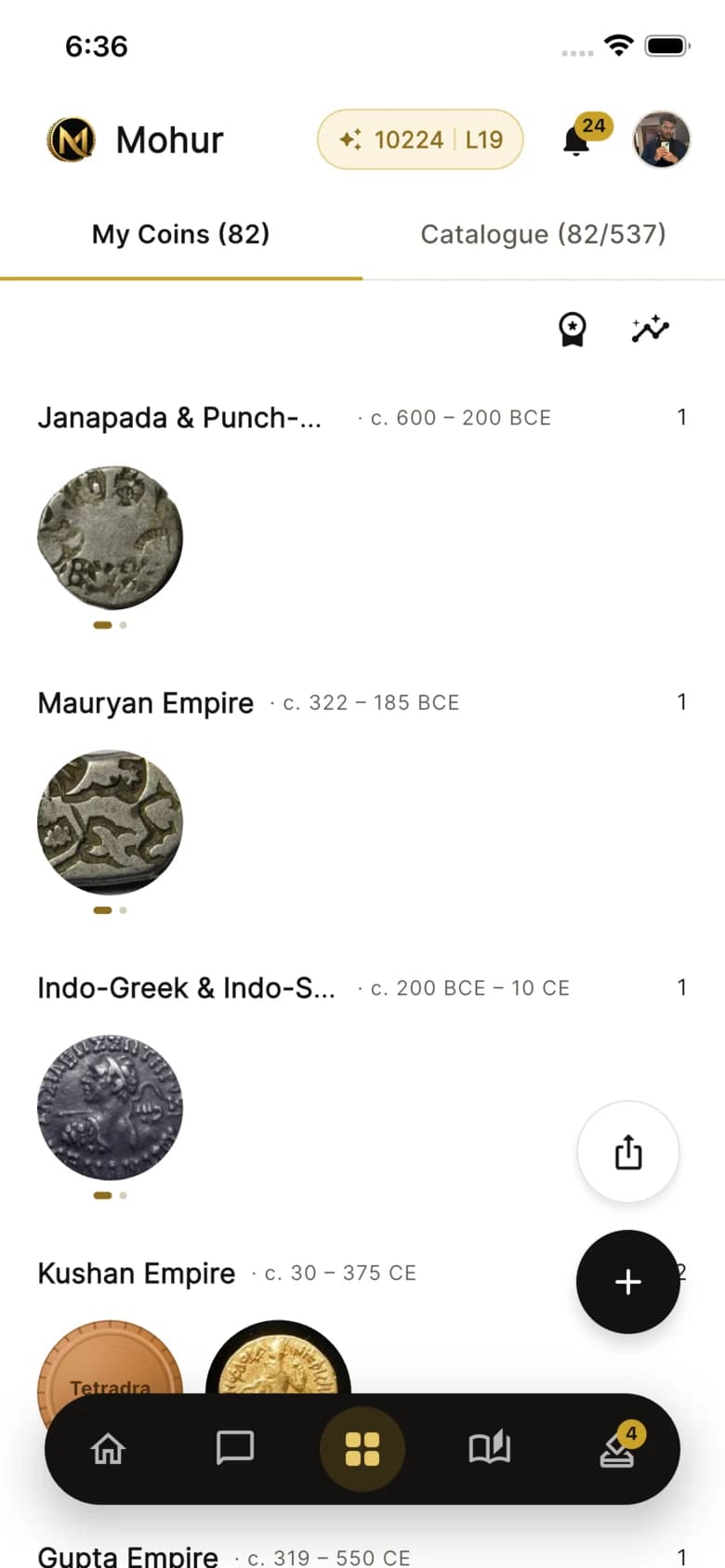 A collector's coins grouped by era in Mohur